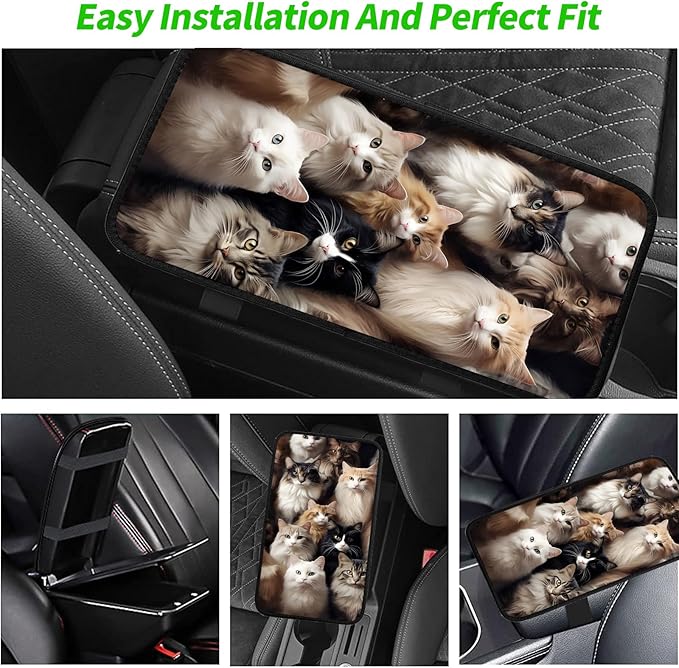 JANENFNA Car Armrest Cover Pads Universal Fashion Cute Auto Center Console Armrest Cover Pad with 2PCS Car Coasters Soft Waterproof Car Armrest Seat Protector for Women,Bunch of Cats