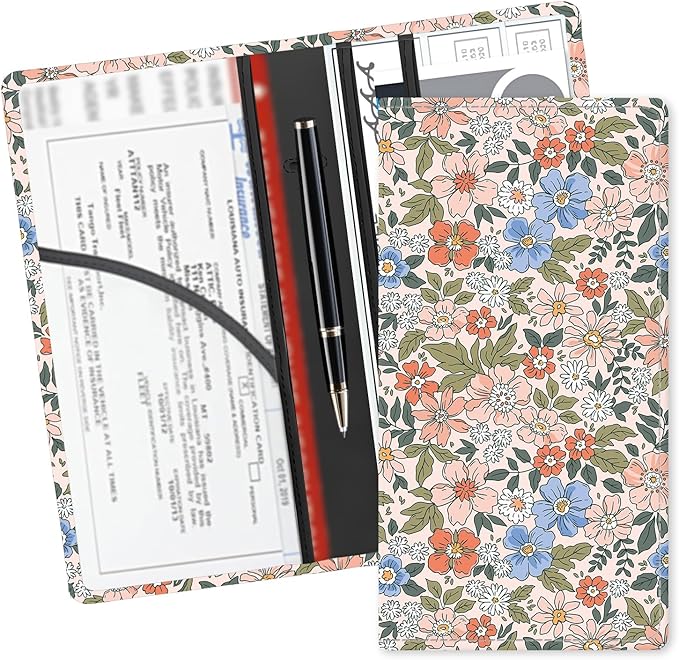 ADUQLZUX Leather Car Registration and Insurance Card Holder, Cute Car Accessories Vehicle Glove Box Car Organizer for Documents, Cards, License Vintage Colorful Floral