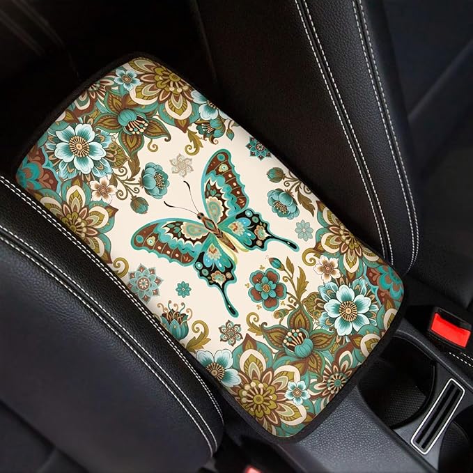 Butterfly Flowers Arm Rest Cover Car Easy to Install Car Console Covers Vehicle Armrest Cover Vehicle Accessories 12.3 x 7.5 Inch Fit for Most Cars, Vehicles, SUVs