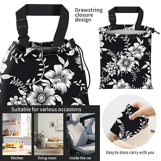 AFYEWKC Car Trash Bag Large Hanging Can for Back of Seat, Cute Waterproof Car Garbage Bag for Vehicle, Travelling, Outdoor Beautiful Black White Floral