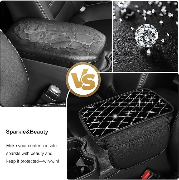 Center Console Cover Fit for RLX: Upgraded Bling Diamond Car Armrest Cover - Crystal Rhinestone Car Center Console Cover with 2 Storage Bags,Anti-Scratch Auto Armrest Pad Accessory （Black
