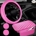 CAR PASS 3D Rhombus Pink Leather Steering Wheel Cover Car Accessories Set, Center Console Armrest Cushion with Storage Bags 2 Non-Slip Cup Coasters, 14.5-15in Cute Car Interior Sets, 4 PCS Hot Pink