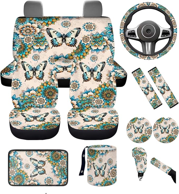 Dngkaoje Boho Butterfly Car Seat Covers Full Set for Front and Rear 13 Pack Vintageul Butterfly Auto Interior Accessories Set Womens Center Console Cover,Hanging Trash Bag,Seatbelt Shoulder Pads