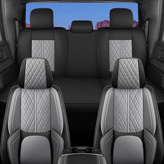 Universal seat Covers Fit for Cars, SUV, Sedans, with Durable and Breathable Leather (Black & Grey, Full Set)