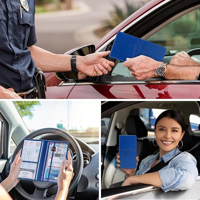 Peisicne Car Registration and Insurance Card Holder for Women Men, Dark Blue Glove Box Paperwork Organizer with Magnetic Buckle for Easy Access and Protect Documents and Various Cards in Vehicle