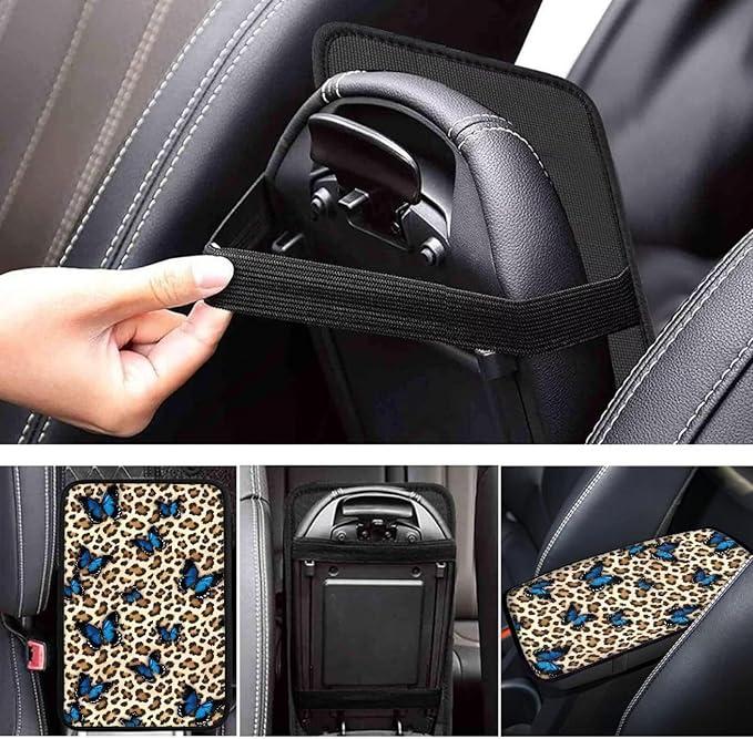 Butterfly Leopard Car Armrest Cover Pad for Women Girls Non Slip Cheetah Print Center Console Cushion Dustproof Car Armrest Box Protector Cover Breathable Soft