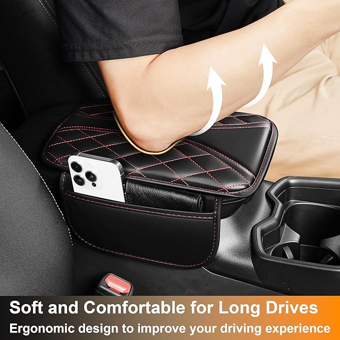 Car Armrest Cover Fit for Mazda CX-5 Console Armrest Protector with 2 Storage Pockets Quilted Leather Non-Slip Backing (Black & Redline)