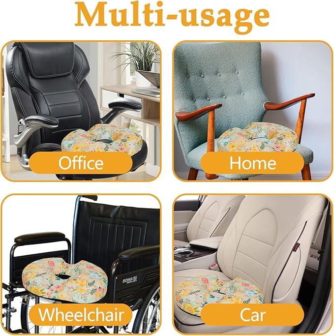 Floral Donut Pillow for Hemorrhoids Seat Cushion for Tailbone Pain Relief - Flower Home Office Chair Cushion for Long Sitting Work - Memory Foam Car Seat Cushions for Driving Butt Pain Pressure Relief