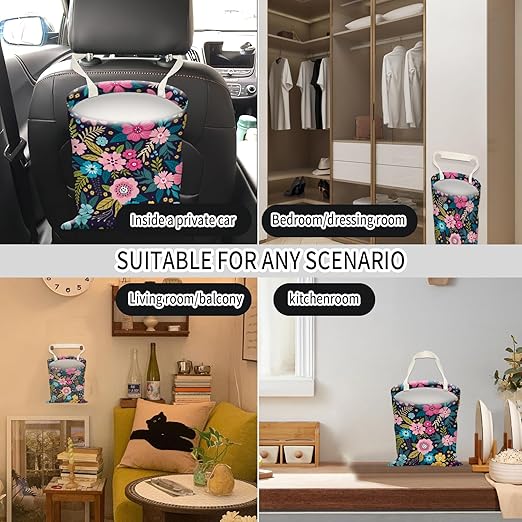 AUEKLLW Car Trash Can, Hanging Garbage Bin for Men and Women, Cute Car Organizer and Storage Bag, Canvas Vehicle Trash Can Bag Easy-to-Install Boho Pink Flowers