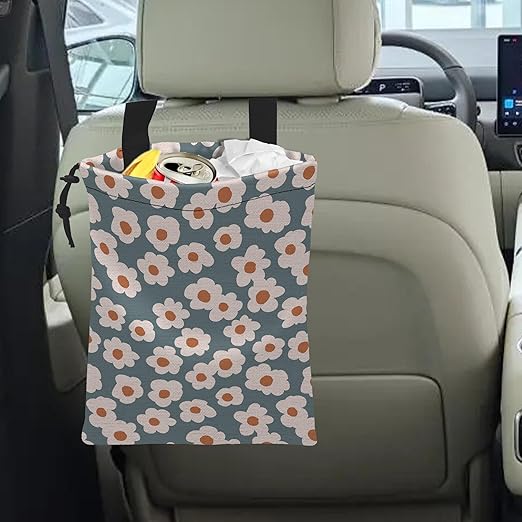 ghatobty Car Trash Bag Hanging White Daisy Car Trash Can Waterproof Garbage Bag Hanging for Car Back Seat