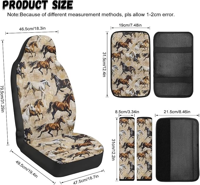 Psesaysky 5 Piece Car Seat Covers Full Set for Women Men, Retro Horse Racing Soft Comfort 2 Front Seats Protector 2 Seat Belt Cover and 1 Car Center Console Cover