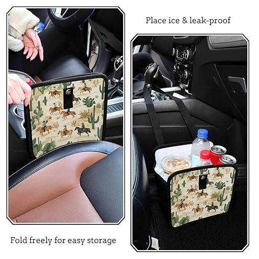 Car Trash Can Organizer Bin with Adjustable Strap for Back Front Seat Console Waterproof Leakproof Collapsible Portable 8.66 Inch Cute Cacti Desert Cowboys Horses