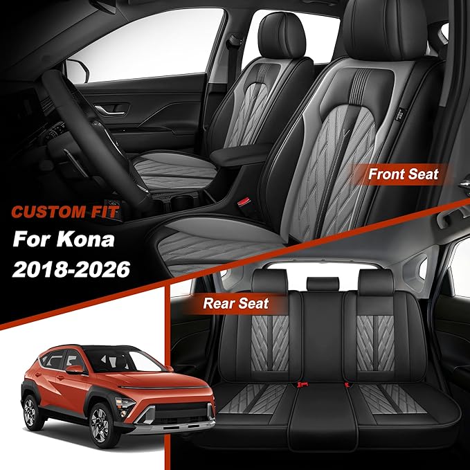 TTX LIGHTING Seat Covers Fit for Hyundai Kona 2018-2026 Seat Covers Full Set Car Seat Covers Faux Leather Breathable Waterproof Car Seat Protector (5 Seats, Black&Grey)