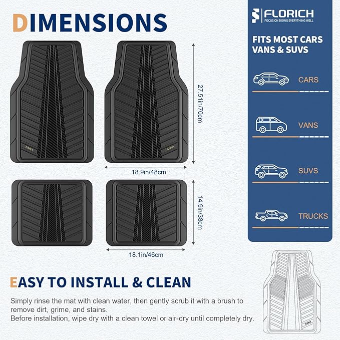 FLORICH Car Floor Mats, Heavy Duty Floor Mats for Cars, 4 Piece All-Weather Floor Mats with Anti-Slip Backing, Waterproof Universal Trim-to-Fit, Automotive Floor Mat for Cars SUV Trucks（Black）