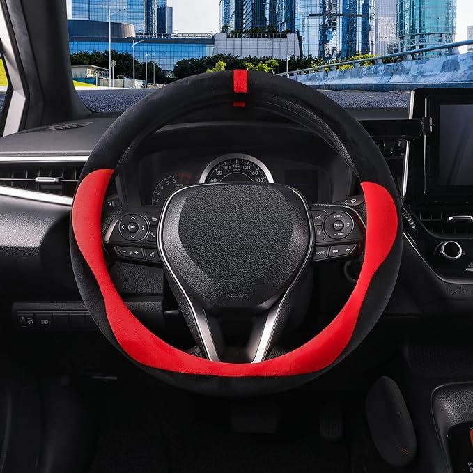 COFIT Plush Steering Wheel Cover Winter, Soft Warm Furry Grip Protector for Cars SUVs Trucks, Fits 14.5-15 Inch, Non-Slip Interior Accessory, Red