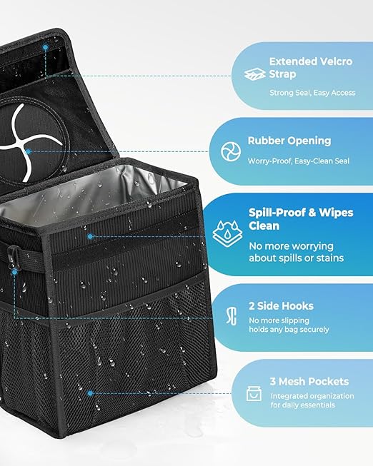HORJONES Corduroy Car Trash Can with Lid and Mesh Pockets - Leakproof Organizer,Multipurpose Waterproof Garbage Can/Trash Bin for Car(Black-3 Gallons)