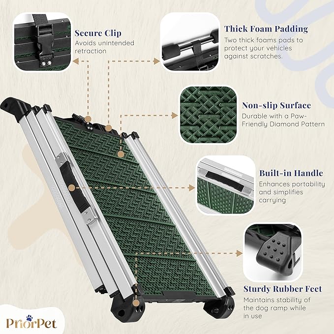Dog Ramp for Car - Stable Anti-Slip Dog Car Ramp for Large Dogs - 63" Long & 15" Wide - 250LBS Capacity - Telescoping Pet Ramp - Lightweight - Reflective Sides - Fixing Clip - Forest Green
