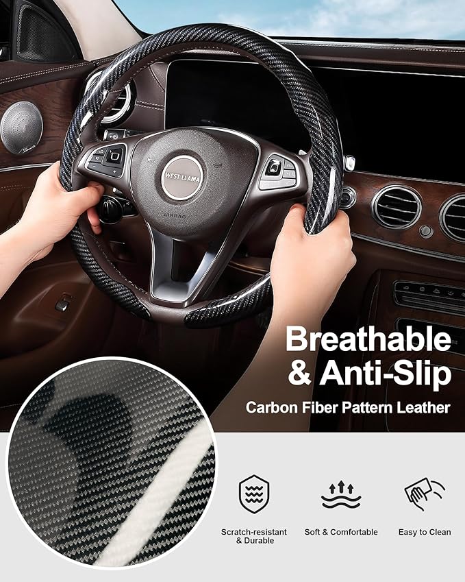 West Llama Carbon Fiber Car Steering Wheel Cover,Thin Steering Wheel Wrap Universal 14.5-15 Inch,Fit Cars,SUVs,Trucks(Glossy-Black-O-Shaped)