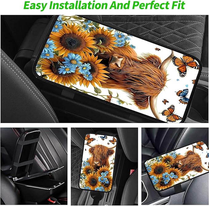 JANENFNA Car Armrest Cover Pads Universal Fashion Cute Auto Center Console Armrest Cover Pad with 2PCS Car Coasters Soft Waterproof Car Armrest Seat Protector for Women,Cow Butterflies