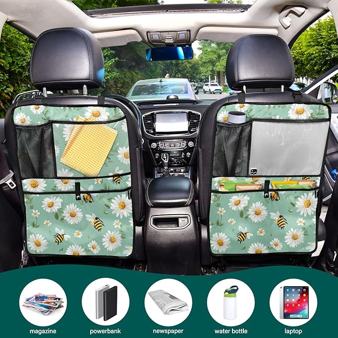 2 Pack Back Seat Car Organizer with Storage Pockets Kick Mats Back Seat Protector Hanging Car Organizer Automotive Seat Back Cover Organizers Mint Green Daisy Flowers and Bees