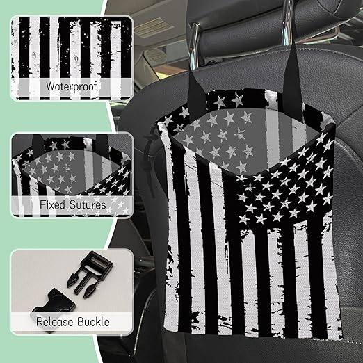 NHNXHWIA Retro American Flag Car Trash Bag,Hanging Drawstring Car Garbage Bag,Waterproof Canvas Car Back Seat Organizer with Adjustable Buckle,for Vehicles,SUVs,Camping,Road Trips