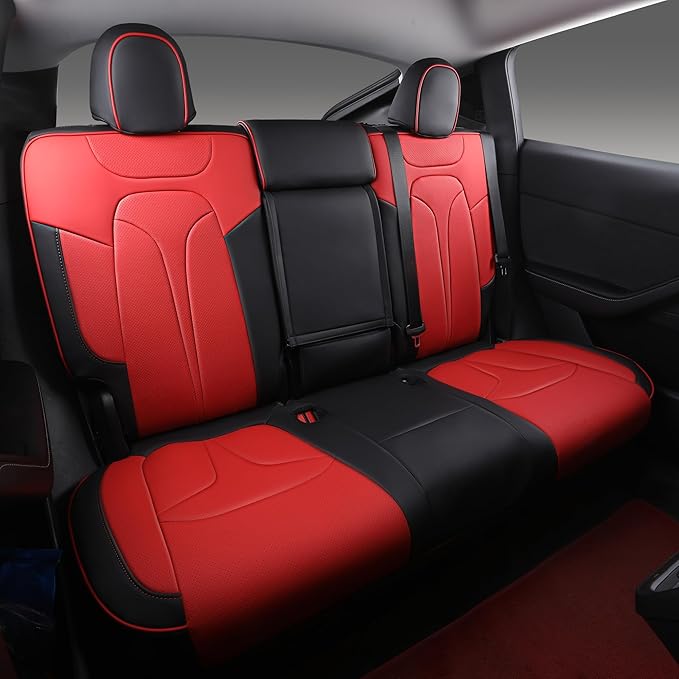 OURPLOT Custom Fit Seat Covers for 2020-2024 Tesla Model Y (5-Seater), Waterproof Nappa Leather, OEM Factory Style Full Set Car Seat Protectors Airbag Compatible - Red