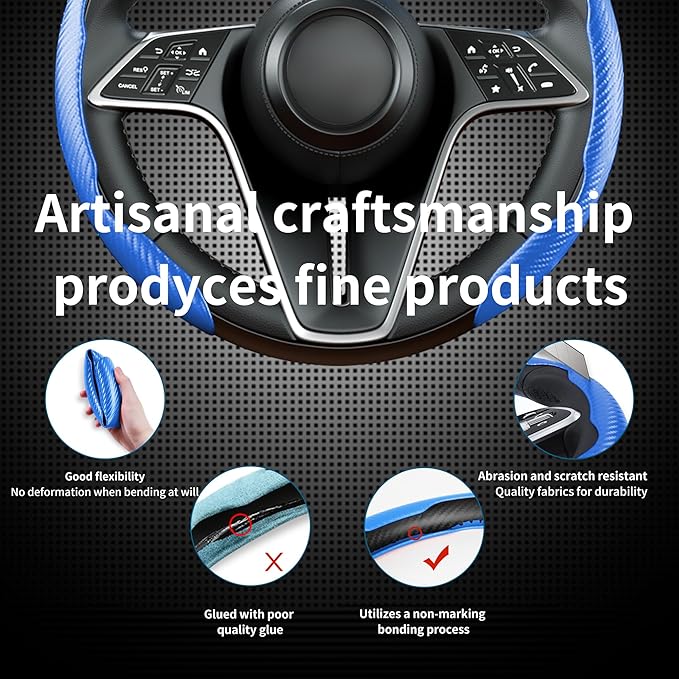 LevChall Carbon Fiber Steering Wheel Cover, 2-Piece Set Anti-Skid Comfortable Grip Segmented Butterfly Design, Easy Snap-On Installation Universal Fit 99% Cars, Blue