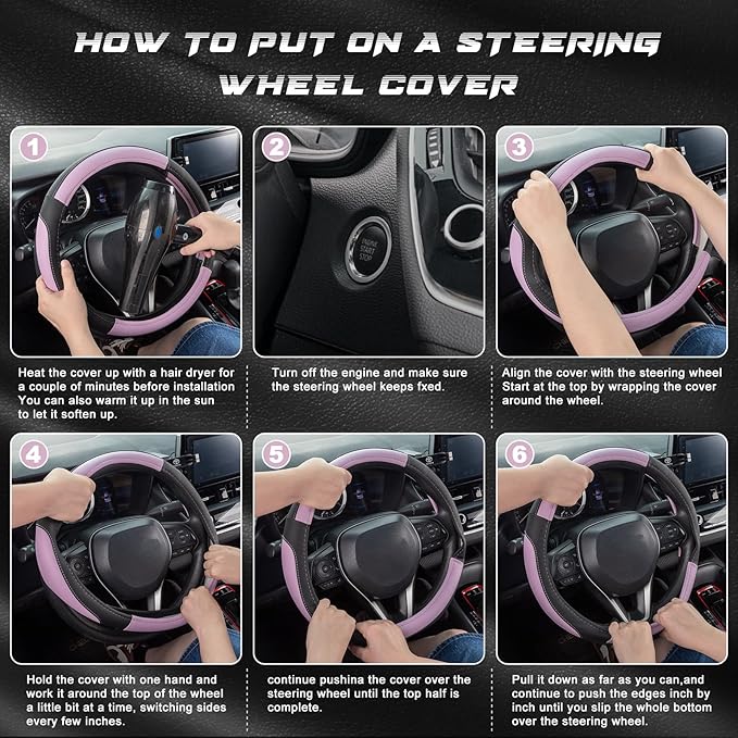 SEG Direct Steering Wheel Cover for Car, Standard Size 14.5-15 inch, Auto Interior Accessories, Black and Light Purple