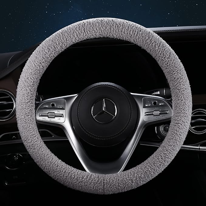 Furry Winter Car Steering Wheel Cover for Women, Soft Fleece Plush Warm Universal Auto Accessories for Jeep, Truck, Van, F150, Fuzzy, Anti Slip, Gray, Large Size, 15.2-16in