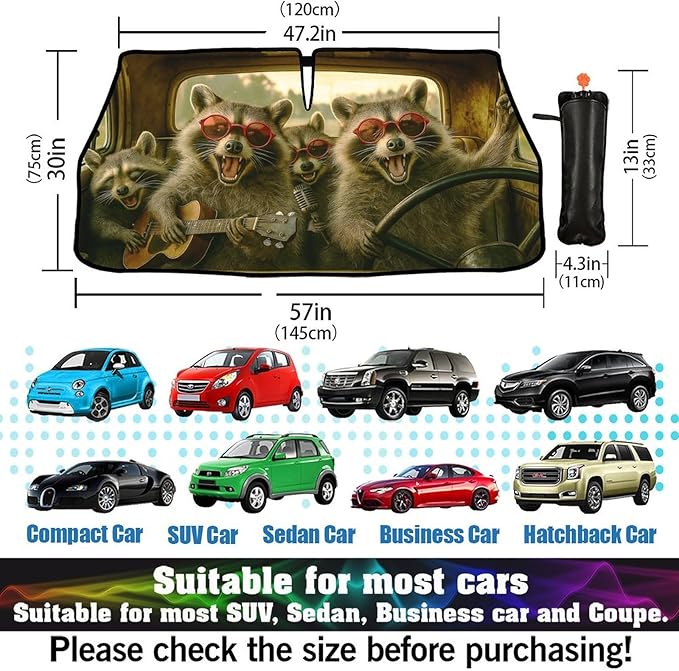 DOPINDU Funny Raccoon Car Windshield Sun Shade Umbrella Bendable Handle Foldable Animal Print Sunshade for Car Windshield Block UV Rays Keep Vehicle Cool for Most Sedans SUV Trucks Cars 57"x30"