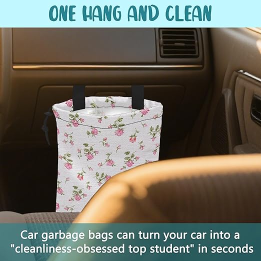 KXWQTRDD Car Garbage Bag Small Pink Rose Floral Drawstring Car Trash Bag Hanging for Back Seat with Adjustable Buckle Canvas Vehicle Trash Can Easy-to-Install
