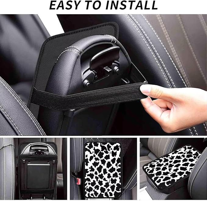 Black Center Console Cover for SUV Truck Van Sedans Cute Cow Armrest Pad Protector for Women Men Car Interior Accessories White Armrest Cushion