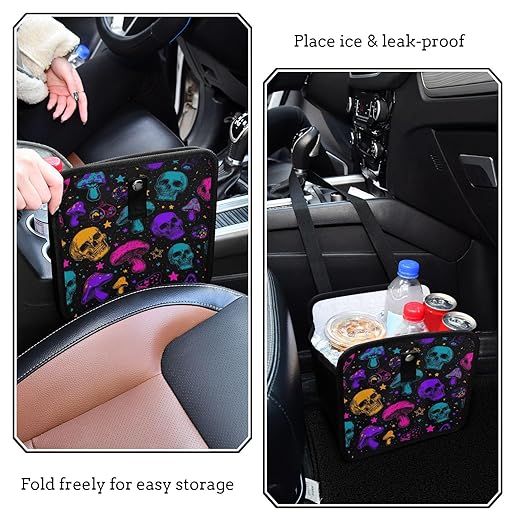 Car Trash Can Organizer Bin with Adjustable Strap for Back Front Seat Console Waterproof Leakproof Collapsible Portable 11 Inch Neon-colored Skulls Stars Mushrooms
