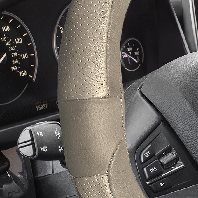 FH Group Universal Fit Deluxe Full Grain Authentic Leather Solid Beige Steering Wheel Cover Fits Most Cars, SUVs