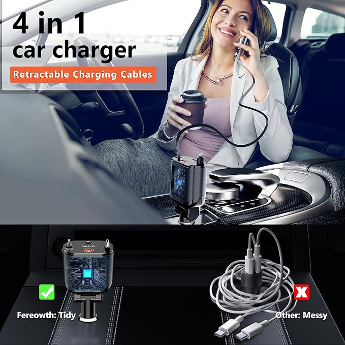 Fereowth Retractable Car Charge 4 in 1 Fast Car Phone Charger Adapter PD 62W Phone Retractable Cables (31.5 inch) and 2 USB Ports Car Charger， Compatible with iPad,Samsung,Pixe iPhone 15/14/13, Black