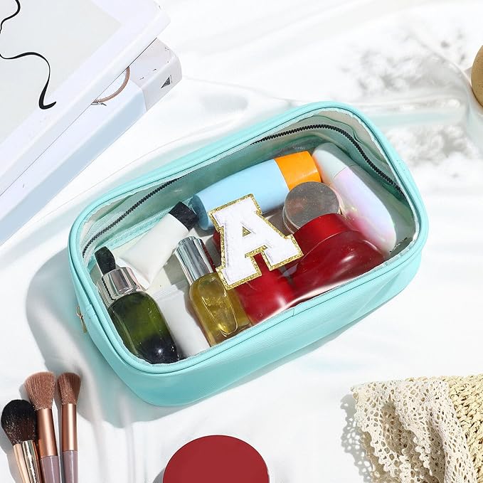YOOLIFE Initial Make Up Bag Travel Toiletry Bag, Clear Makeup Bags Preppy Cosmetic Bags Organizer Travel Essentials Gifts for Women Teen Girlfriend Teacher Mom Valentines Girl Gift Makeup Case Blue M