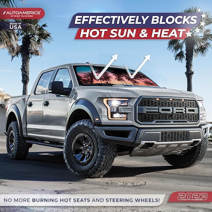 1-Piece Windshield Sun Shade - Foldable Car Front Window Sunshade for Cars SUV Truck Heat Blocker Visor Protector Blocks Max UV Rays and Keeps Your Vehicle Cool (Small = 59 x 28.5 inches, Palm Trees)