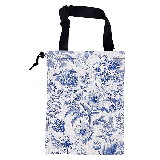 KXWQTRDD Car Garbage Bag Abstract Blue and White Floral Hanging Canvas Car Trash Bag Drawstring Car Back Seat Organizer for Car Back Front Seat Console with Adjustable Buckle
