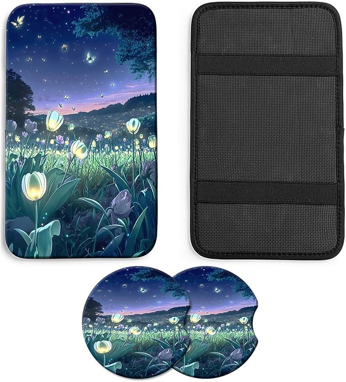JANENFNA Car Armrest Cover Pads Universal Fashion Cute Auto Center Console Armrest Cover Pad with 2PCS Car Coasters Soft Waterproof Car Armrest Seat Protector for Women,Beautiful Flower Sea