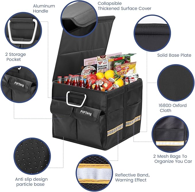 PIPTang Trunk Storage Organizer with Lid, 35cm Small 36L Collapsible Car Trunk Organizer,Small Car Organizer Aluminium Handle, Car Accessories for Sedan Auto SUV Truck Minivan Road Emergency Black