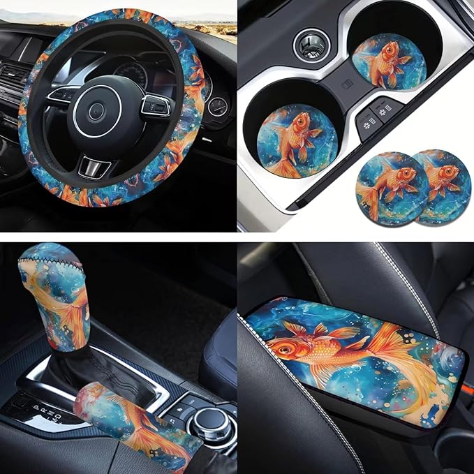 Dazzle Goldfish Print Elastic Steering Wheel Protector for Men Women Auto Interior Accessories 6 Pcs Cup Coaster Cars Handbrake Cover Fit Truck Van SUV