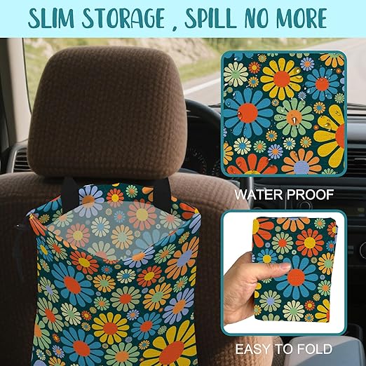 KXWQTRDD Car Garbage Bag Vintage Groovy 70s Floral Drawstring Car Trash Bag Hanging for Back Seat with Adjustable Buckle Canvas Vehicle Trash Can Easy-to-Install