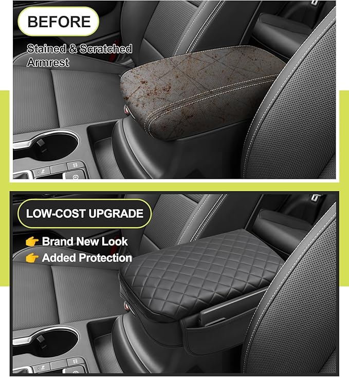 Center Console Armrest Cover for Kia Sportage 2023 2024 2025 2026 Accessories Arm Rest Lid Pad with Side Pockets, Black Faux Leather