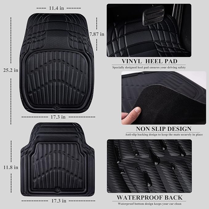 CAR PASS Carbon Fiber Leather Car Floor Mats -3D Waterproof All Weather, Universal Trim to Fit & Anti-Slip Burr Bottom Safety & Light Easy Clean Install for SUV Truck Auto Sedan Van(Black)