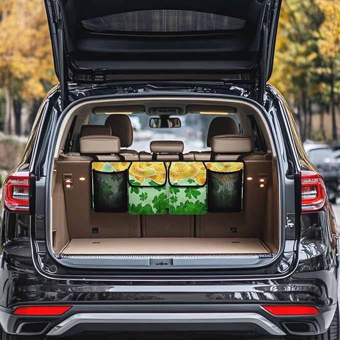 CLOHOMIN Green Leaf Car Trunk Organizer St. Patrick's Day Car Storage Organizer Washable Backseat Hanging Large Storage with Adjustable Strap Collapsible Car Storage Bag for Sedans, Trucks, SUVs