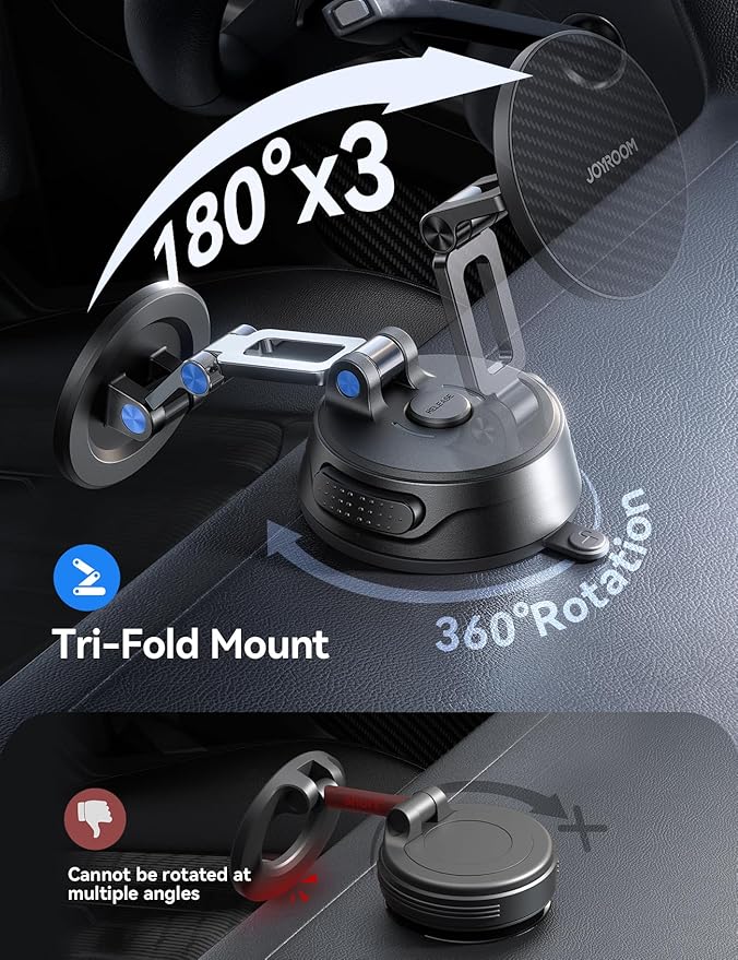 JOYROOM Car Mount for iPhone, [Tri-Fold] MagSafe iPhone Car Mount, [Suction Pro+Gel Base] 360° Rotation iPhone Car Holder, Strong Magnet for iPhone 17 Pro Max and Other Series[Not for Charging]