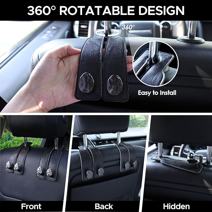 URIZZD 4 PCS Leather Car Seat Hooks for Headrest, Vehicle Hanger Storage Organizer Universal for Handbag Purse, Car Accessories Gift (Black-Black-4 PCS)