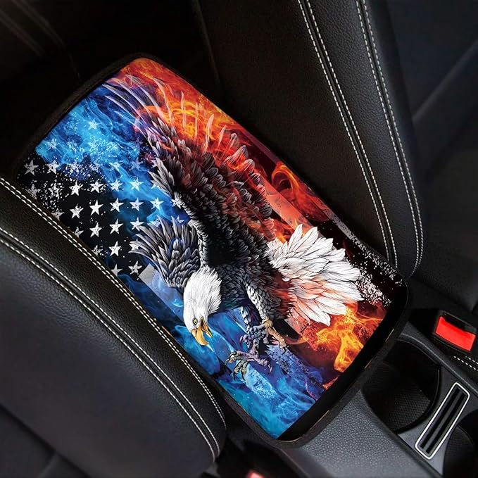 Horeset American Flag Flame Eagle Car Console Covers for SUV Universal Fit Cow Spot Auto Armrest Seat Box Cover Interior Protector, Easy to Install