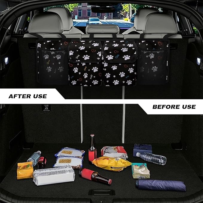 CLOHOMIN Dog Paw Car Trunk Organizer Cute Backseat Car Organizer with Net Collapsible Cargo Bag with 4 Pockets Hanging Car Storage Accessories Gifts for Women Men