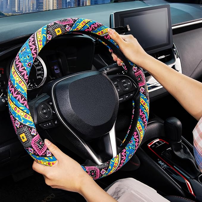 SEG Direct Steering Wheel Cover Handwoven Flax with Geometric Patterns, Anti-Slip & Breathable, Ethnic Style Steering Wheel Protector, Fits 14.5" - 15.25" Wheels